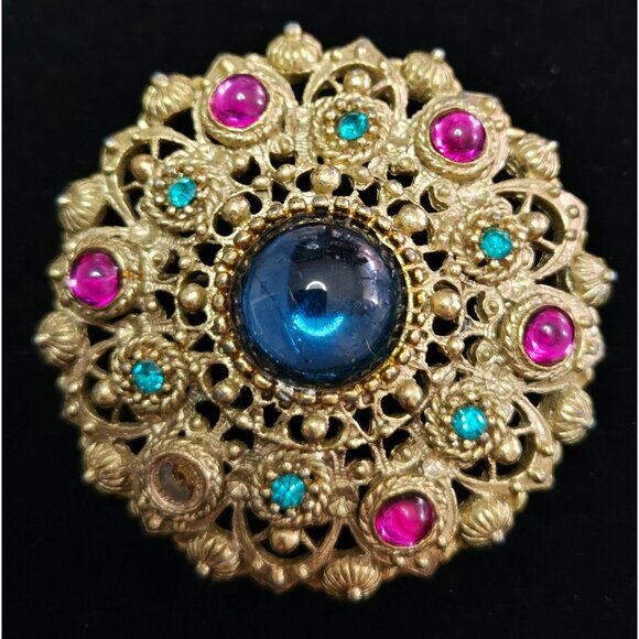 Vintage 1980's Sphinx Large Goldtone Pink and Blue Cabochon Brooch - Picture 1 of 6